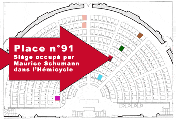 Plan de l'h&eacute;micycle du S&eacute;nat. La place n&deg;91, si&egrave;ge occup&eacute; par Maurice Schumann est marqu&eacute;e d'une fl&egrave;che
