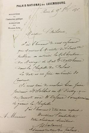 Lettre autorisant le mariage dans la chapelle de Mademoiselle RATISBONNE, fille du bibliothécaire du Sénat (Archives du Sénat, 71 S 335).