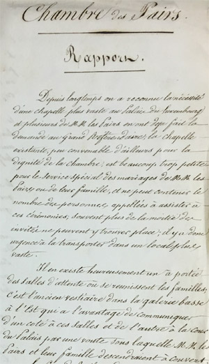 Rapport du duc DECAZES sur l'établissement d'une nouvelle chapelle, 20 juin 1843 (Archives du Sénat, 71 S 214).