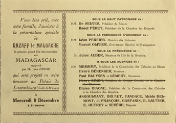 Carton d'invitation à la projection du film Razaff la Malgache, 8 décembre 1925 (Archives du Sénat, 537 S 50).
