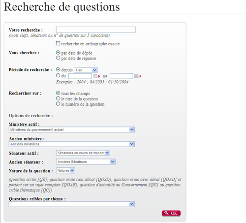 Illustration : Ecran de recherche des questions parlementaires