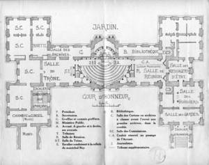Plan du premier étage du palais du Luxembourg aménagé pour le procès du maréchal Ney, extrait d'Une porte entrouverte sur le Palais du Luxembourg, par Jacques de Menditte, Nice, Altaïr, 1988.