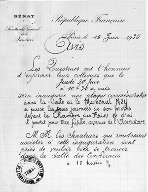Avis d’information des Questeurs sur l’inauguration de la plaque (1935)