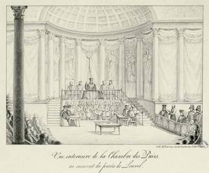 Vue intérieure de la Chambre des pairs au moment du procès de Louvel. La salle des séances est transformée en tribunal, pour juger l'assassin du duc de Berry en juin 1820. Référence Sénat 1035 (GR054-A).