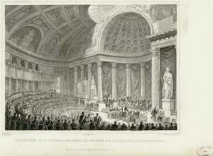 La Chambre des pairs lors du procès Polignac, Peyronnet... La Chambre siège en cour de justice pour juger les anciens ministres de Charles X, inculpés de haute trahison (novembre et décembre 1830). Référence Sénat 1035 (GR051-A).