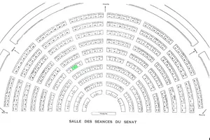 Indication nominale des places dans l'hémicycle suite aux élections sénatoriales de janvier 1909. La place de L.Bourgeois est surlignée en vert  Archives du Sénat 537 S 62