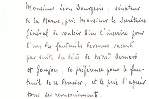 Lettre de L.Bourgeois adressée au Secrétaire Général du Sénat en date du 9 décembre 1907 pour obtenir un changement de place dans l'hémicycle  Archives du Sénat 119 AS 4