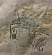 Dessin au crayon de château (extrait du Catalogue des Rosiers cultivés au Jardin du Luxembourg)