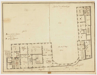 Figure 4 : Jean-François CHALGRIN, plan du 1er étage du Petit-Luxembourg habité, par BONAPARTE premier Consul, (logements et salons), Archives du Sénat, Chalgrin 150.