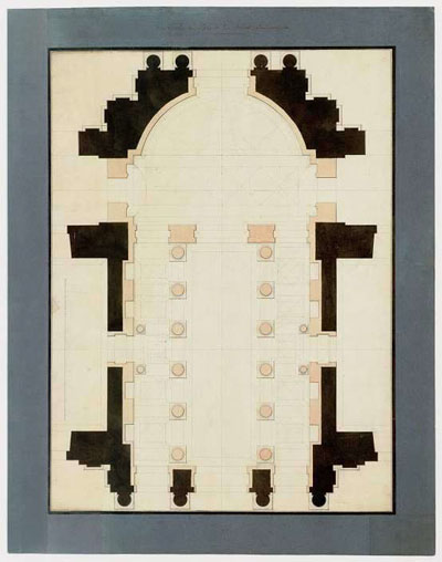 Figure 15 : Jean-François CHALGRIN, Plan du vestibule. On observe que l’écartement entre les colonnes diminue vers le fond. Archives du Sénat, Chalgrin 37
