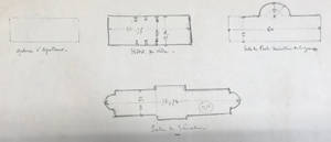 Croquis comparant les plans de la galerie du trône du palais du Luxembourg, de la galerie d’Apollon du palais du Louvre et des salles de bal de l’Hôtel de ville et du ministère de la Guerre Arch. du Sénat, DAPJ 36 / 573S 36 / ABJ 36, travaux Gisors, travaux d’art (1836-1857).