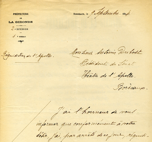 Le Préfet de la Gironde écrit au Président du Sénat à Bordeaux