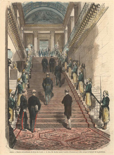 Figure 12 : TELLIER et DURANT, Son Excellence M. Rouher monte l'escalier d'honneur pour aller occuper le fauteuil de la présidence, gravure, Bibliothèque du Sénat, GR012.