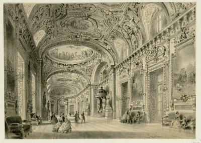 Figure 42 : Alphonse PROVOST, Salle du trône, palais du Sénat, lithographie, Cette gravure est l’une des rares représentations de la galerie du Trône dans son état d’origine à l’époque du Second Empire. Outre la présence du dais impérial, on aperçoit les peintures disposées à l’époque entre chaque porte, recouvertes sous la IIIe République par les huit tapisseries des Gobelins . Bibliothèque du Sénat, GR 005.