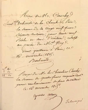 Reçu secrétaire archiviste Cauchy