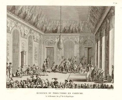 Figure 3 : DUPLESSIS, BERTHAULT, Audience du Directoire en costume, Gravure (19,5cm x 25,5 cm), 1798. On peut reconnaître au-dessus des portes les « Quatre saisons » de Louis de BOULLOGNE, qui permet de situer précisément ce salon au 1er étage des salons de Boffrand. Bibliothèque du Sénat, GR007