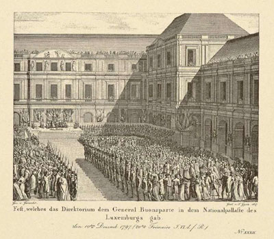 Figure 8 : GYSIN et GIRARDET, Fête donnée en l’honneur du général Bonaparte dans le palais du Luxembourg, 1817, Bibliothèques du Sénat, GR118.