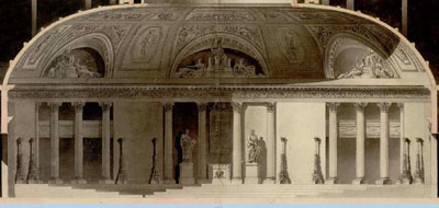 Figure 25 : Jean-François CHALGRIN, Vue plus large de l'arrière de l'hémicycle et de la tribune ; Identification des voussures allégoriques. À gauche (à l'ouest), Valeur et Force. Au centre (au nord) Sagesse, Tolérance, Modération. À droite (à l'est) Prudence et Vérité, Archives du Sénat, Chalgrin 093.