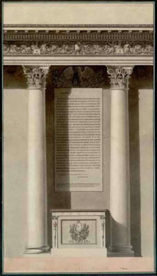  Figure 26 : Jean-François CHALGRIN, de l'arrière de la salle des Séances, détail ; Y figure la plaque d'Elchingen accompagnant les quarante drapeaux pris par Napoléon durant la campagne d’Allemagne. Devant, la tribune de l’orateur ; Archives du Sénat, Chalgrin 100.