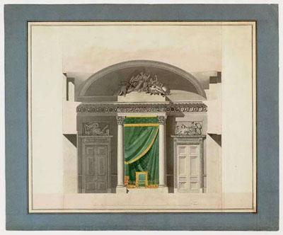 Figure 31 : Jean-François CHALGRIN, Projet de salle (ou salon) de l'Empereur, jouxtant la salle des séances. À l’emplacement du fauteuil et du dais verts prendra place en 1813 la statue en pied de NAPOLÉON par RAMEY. Au-dessus de la porte de gauche, une allégorie de la Force. Au-dessus de la porte de droite, une allégorie de la Prudence Au-dessus du dais, l’Abondance. Archives du Sénat, Chalgrin 101.