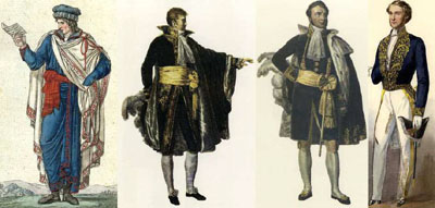 Figure 35 : Évolution du costume des membres de la Chambre Haute entre 1795 et 1870. De gauche à droite, Directoire (Conseil des Anciens), Empire (Sénat conservateur), Restauration et Monarchie de Juillet (Chambre des Pairs) et Second Empire (Sénat impérial) ; Fonds iconographique de la Bibliothèque et des Archives du Sénat.