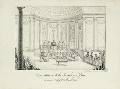 Figure 37 : LECORNU, Vue intérieure de la Chambre des Pairs au moment du procès de Louvel, On peut apercevoir l’hémicycle de CHALGRIN transformé en tribunal pour juger l’assassin du duc de BERRY. Bibliothèque du Sénat, GR54 A. 