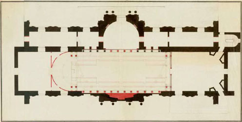  Figure 19 : Jean-François CHALGRIN, Projet non retenu d’une salle des Séances dans la longueur, avec les bancs face-à-face et les tribunes du public dans le prolongement. Archives du Sénat, Chalgrin 727.