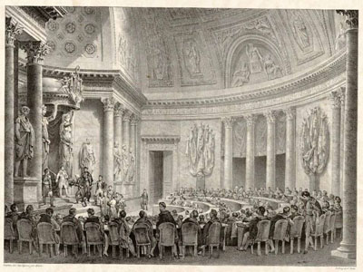 Figure 20 : Lithographie de Charles MOTTE, dessin de DAVID, La salle des Séances du Sénat conservateur lors de la remise de la couronne d'Italie par les délégués italiens à Napoléon, en mars 1805, Bibliothèque du Sénat, Gr-061.