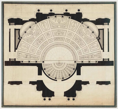 Figure 21 : Jean-François CHALGRIN, Plafond de l’hémicycle de la Salle des Séances du Sénat conservateur, dessin ; exécuté par le peintre Jérôme Martin LANGLOIS (1779-1838), Archives du Sénat, Chalgrin 108.