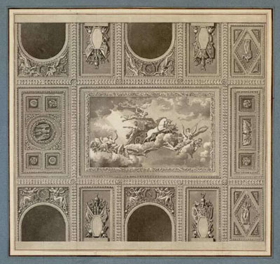 Figure 32 : Jean-François CHALGRIN, Détail du plafond de la salle de l'Empereur. Au milieu, l’Apothéose de Napoléon par BERTHÉLEMY, Archives du Sénat, Chalgrin 111.