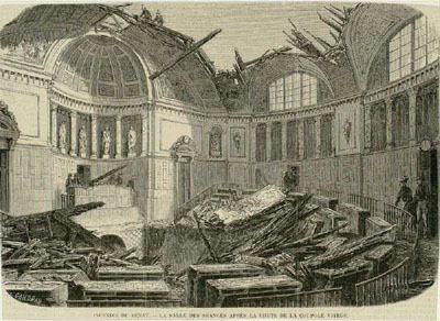 Figure 39 : Gravure de l’hémicycle ravagé en 1859 par un incendie. La voûte sera reconstruite presque à l’identique. Bibliothèque du Sénat, GR032.