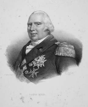 Louis XVIII (1755-1824). Portrait extrait de L'iconographie de contemporains et fac-similé d'écritures, par F. S. Delpech (1832).