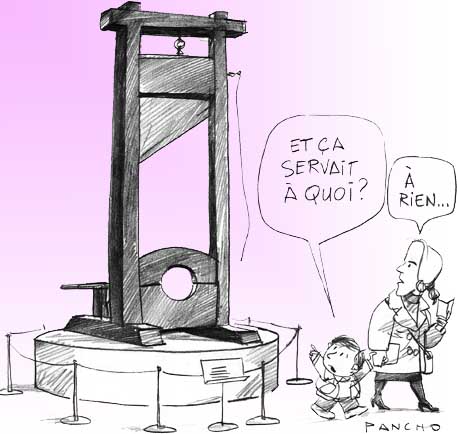 Dessin réalisé en 1991 par PANCHO et adressé à Robert Badinter, à l'occasion du 10ème anniversaire de l'abolition de la peine de mort.
