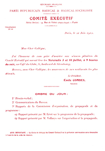  D'après une convocation à une réunion du comité exécutif radical signée par Émile Combes, 21 juin 1912 , fonds Lefébure.