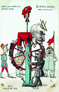 Émille,« Le Supplice de la roue, Invention ministérielle combiste », D'Arc-en-ciel n°11, carte postale, automne 1904, fonds Lefébure.