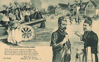 «La bataille scolaire», carte postale, [1902-1905) Archives départementales de Charente Maritime, 13 J 54