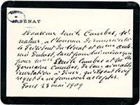 Carte manuscrite, sans signature, adressée au Président du Sénat, 23 mai 1909.