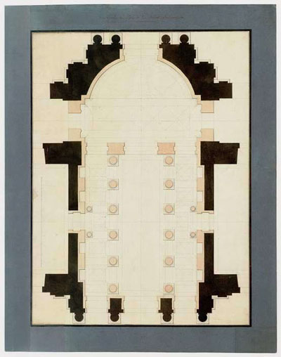 Figure 15 : Jean-François CHALGRIN, Plan du vestibule. On observe que l’écartement entre les colonnes diminue vers le fond. Archives du Sénat, Chalgrin 37