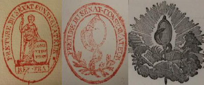 Figure 48 : Tampons du Sénat conservateur. Celui de la Préture en 1804 (à gauche) et en 1808 (au centre), celui de la Chancellerie (à droite), Fonds des Archives du Sénat.
